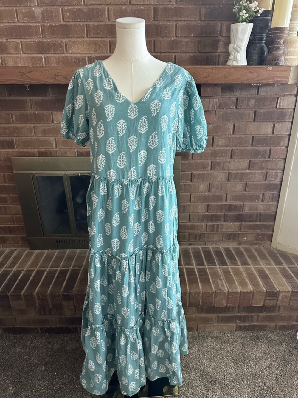 Lucky Brand Green White Print Tiered Maxi Dress Small Cottagecore Boho